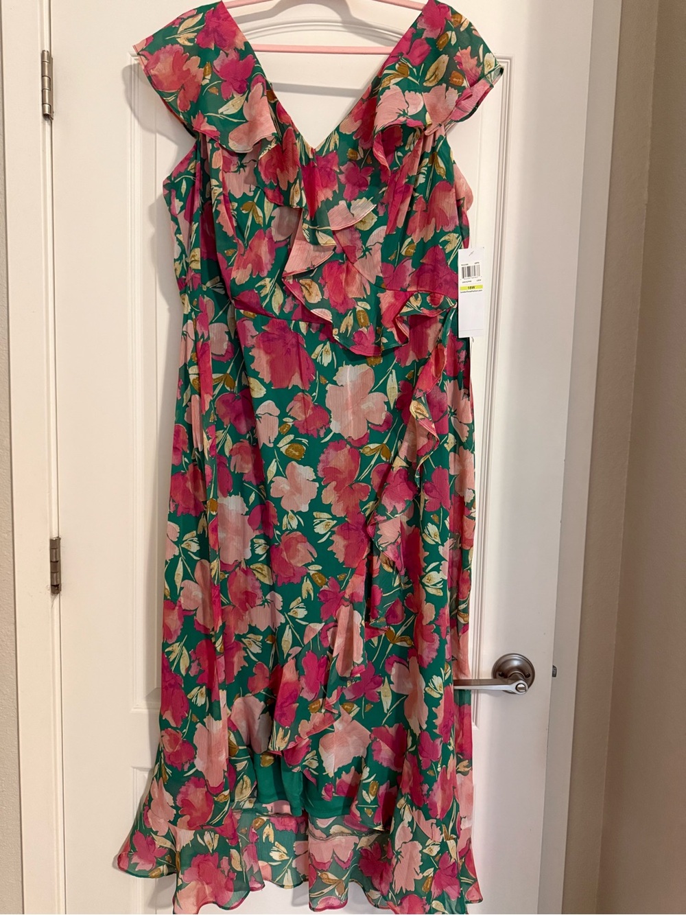 London Times women’s Floral Ruffle Midi Dress in Green and Pink size 18W NWT